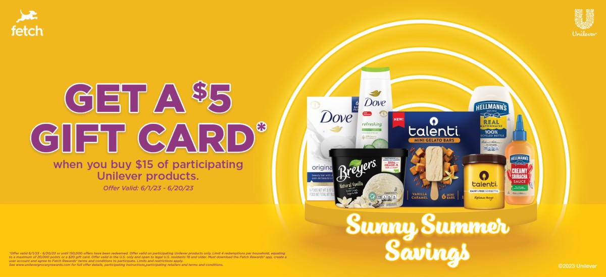 This summer get a $5 gift card when you buy $15 of participating Unilever products. Sunny Summer Savings! ☀️