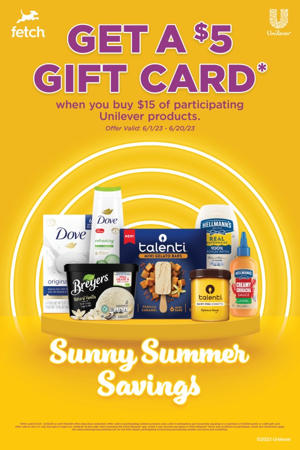 This summer get a $5 gift card when you buy $15 of participating Unilever products. Sunny Summer Savings! ☀️